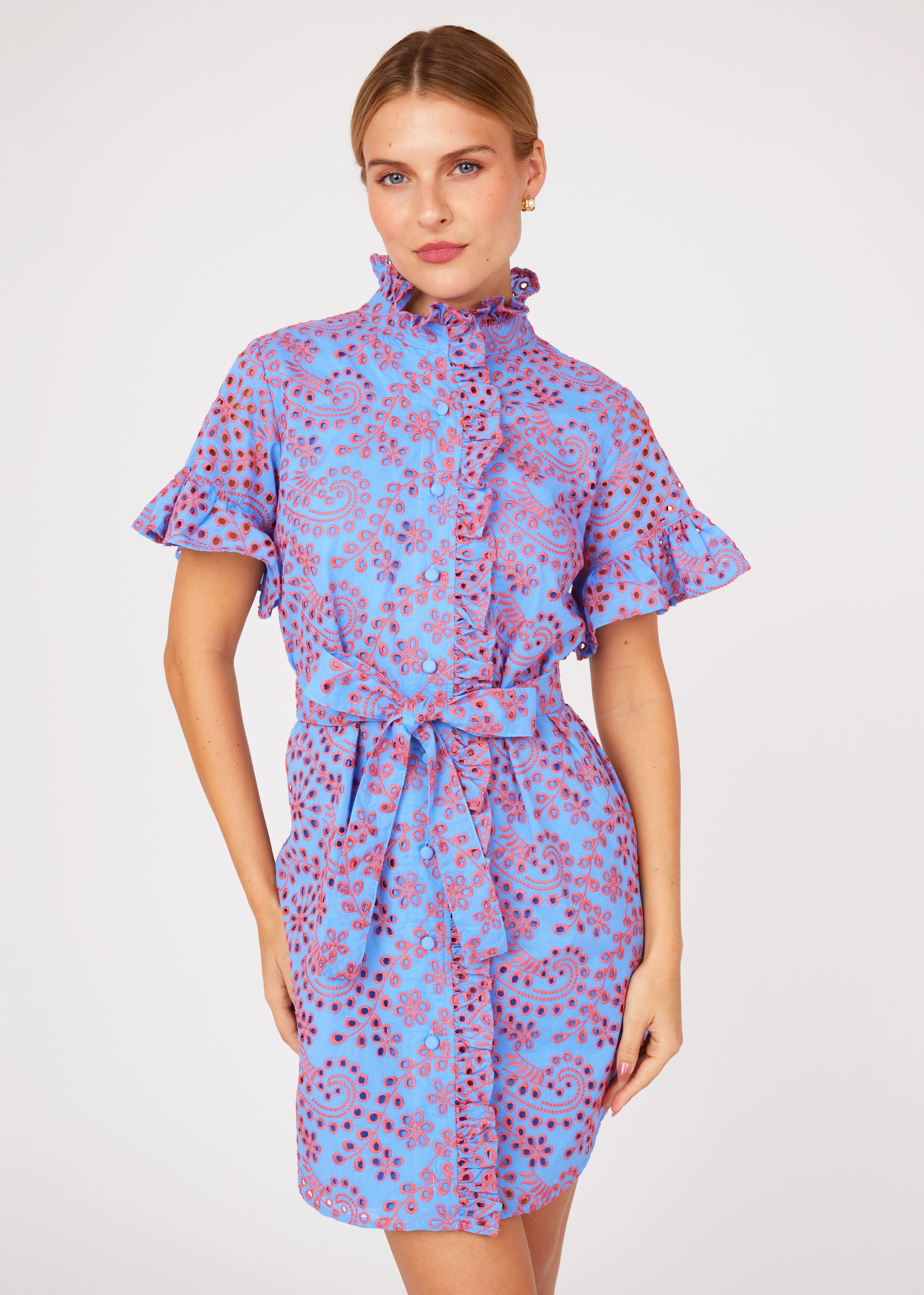 Katie Dress Blue and Pink Jasmine Eyelet