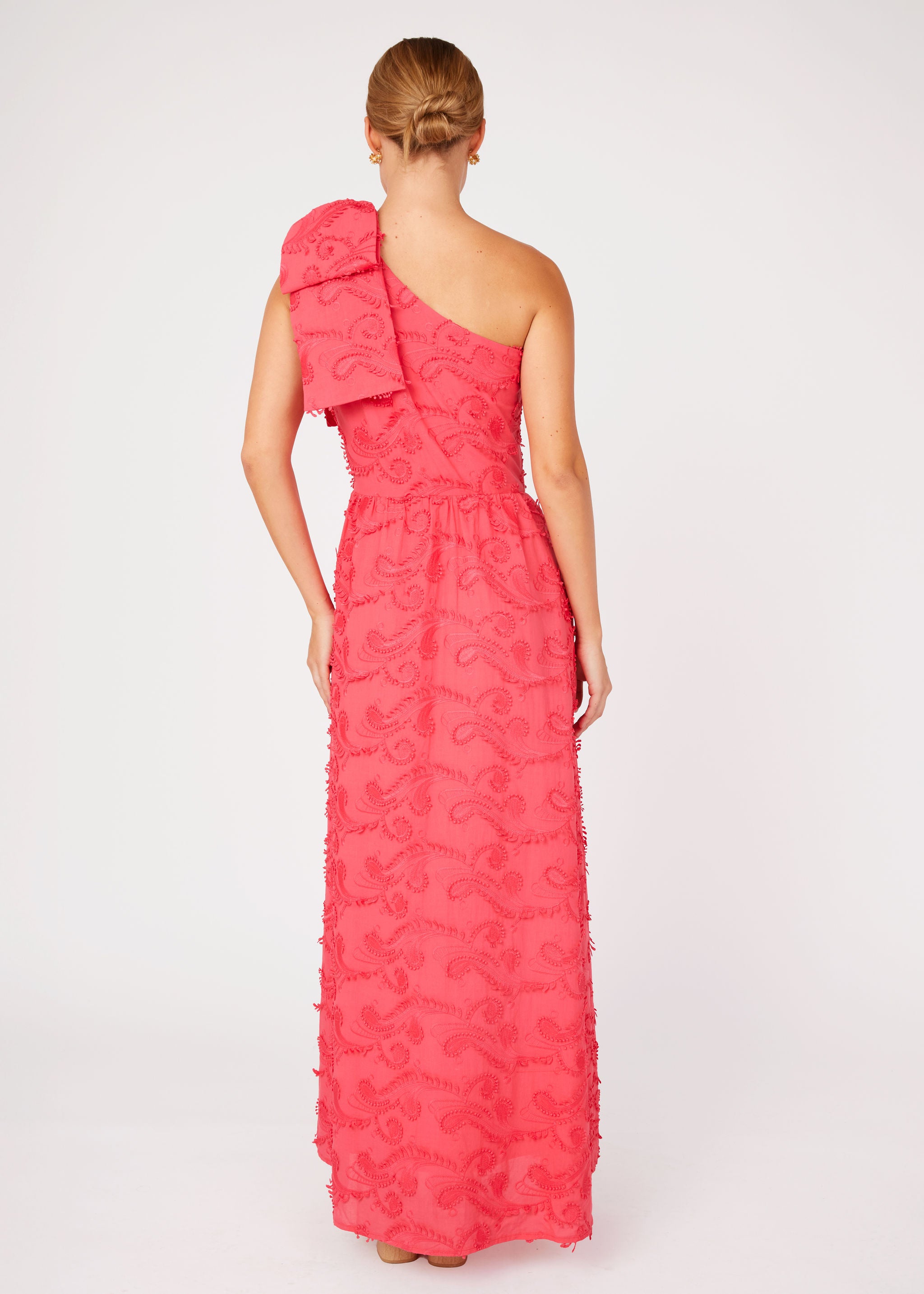 coral geo off the shoulder dress Caroline Gown Hot Coral 3D Paisley Cotton Coral / XXS