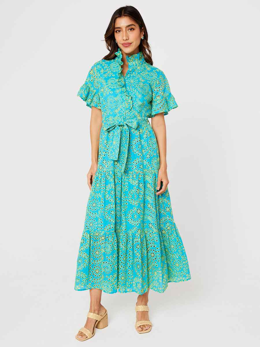 Sadie Maxi Dress Teal and Chartreuse Jasmine Eyelet