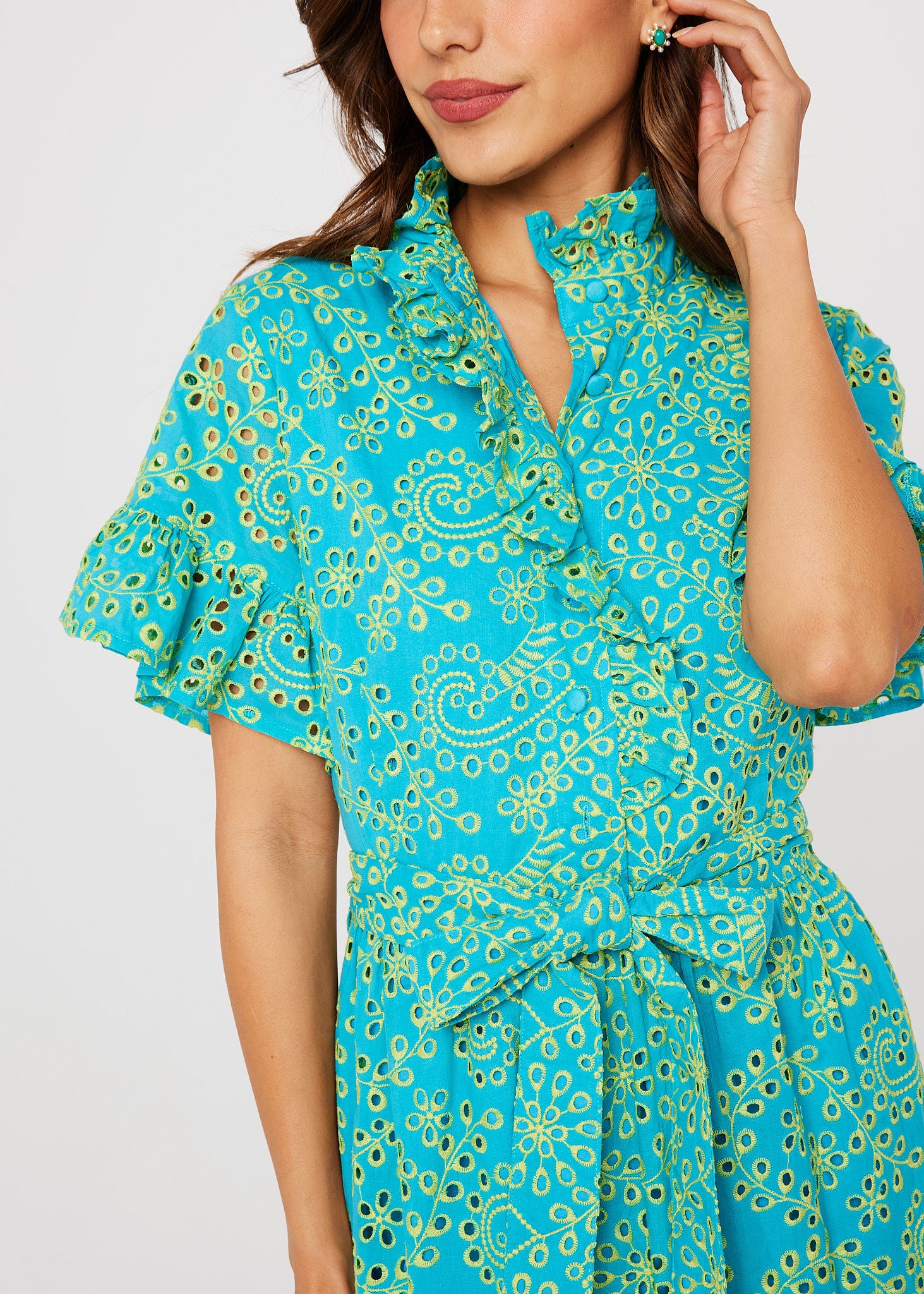 Sadie Maxi Dress Teal and Chartreuse Jasmine Eyelet
