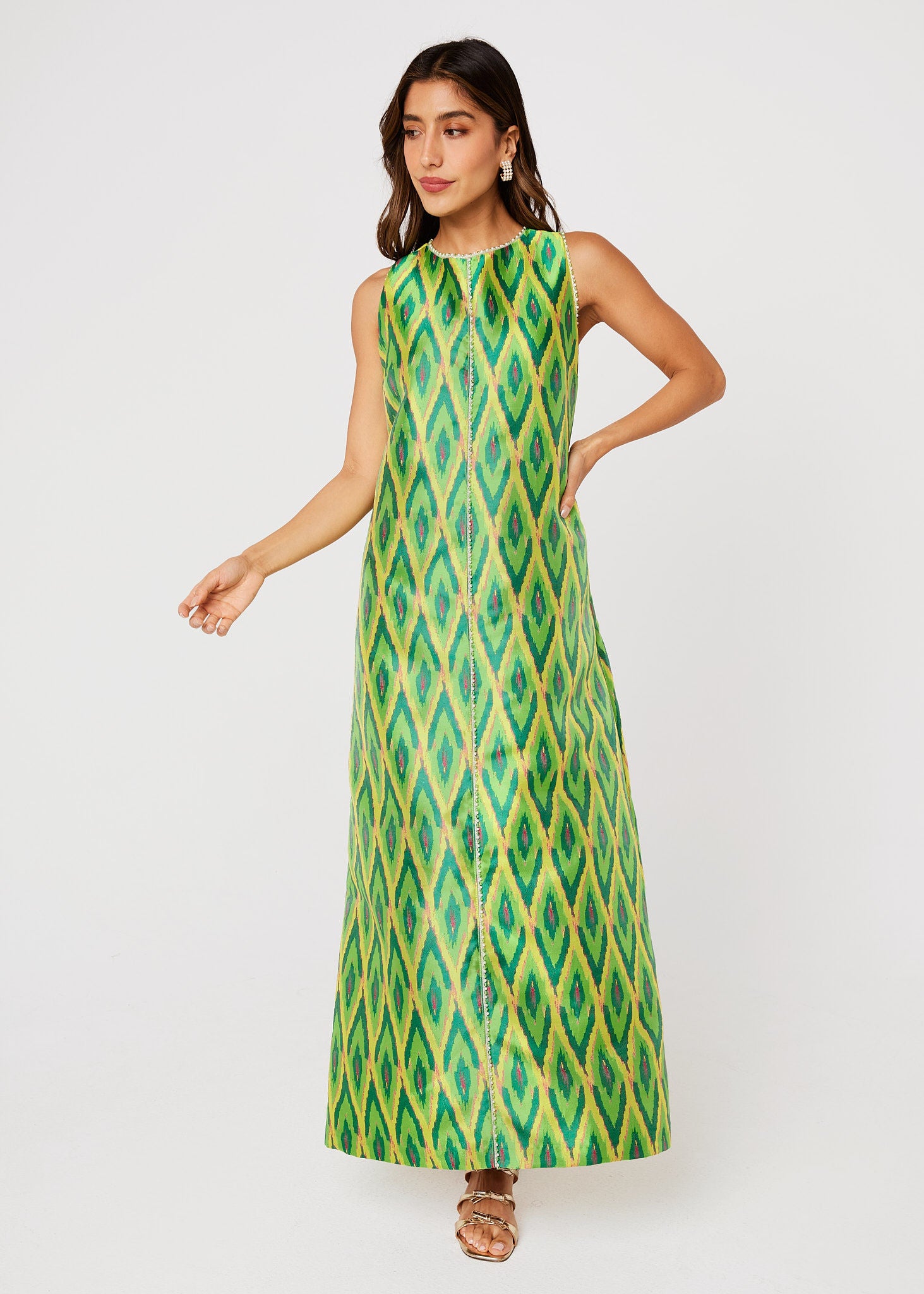 Hannah Dress Lime Ikat Jacquard