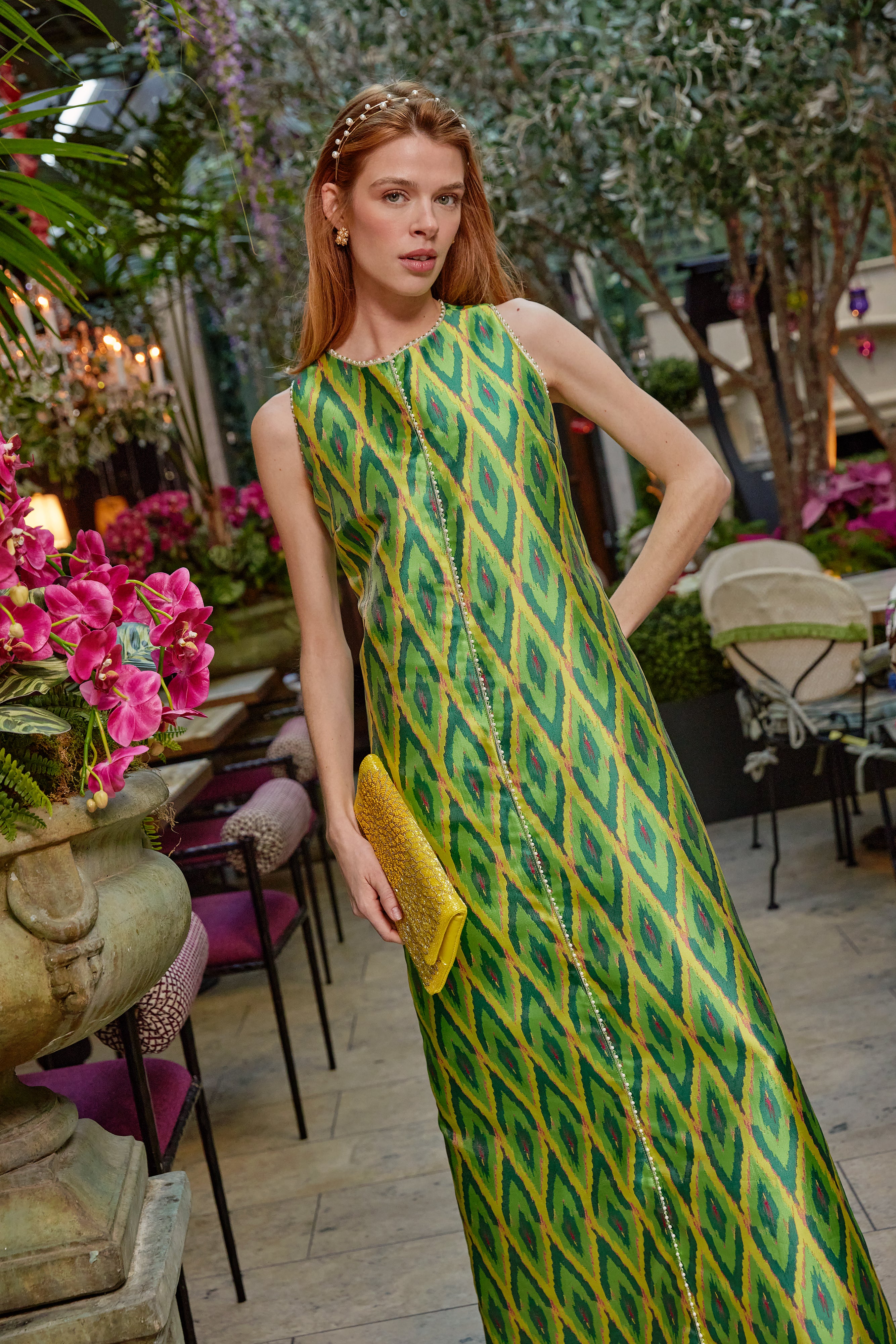 Hannah Dress Lime Ikat Jacquard