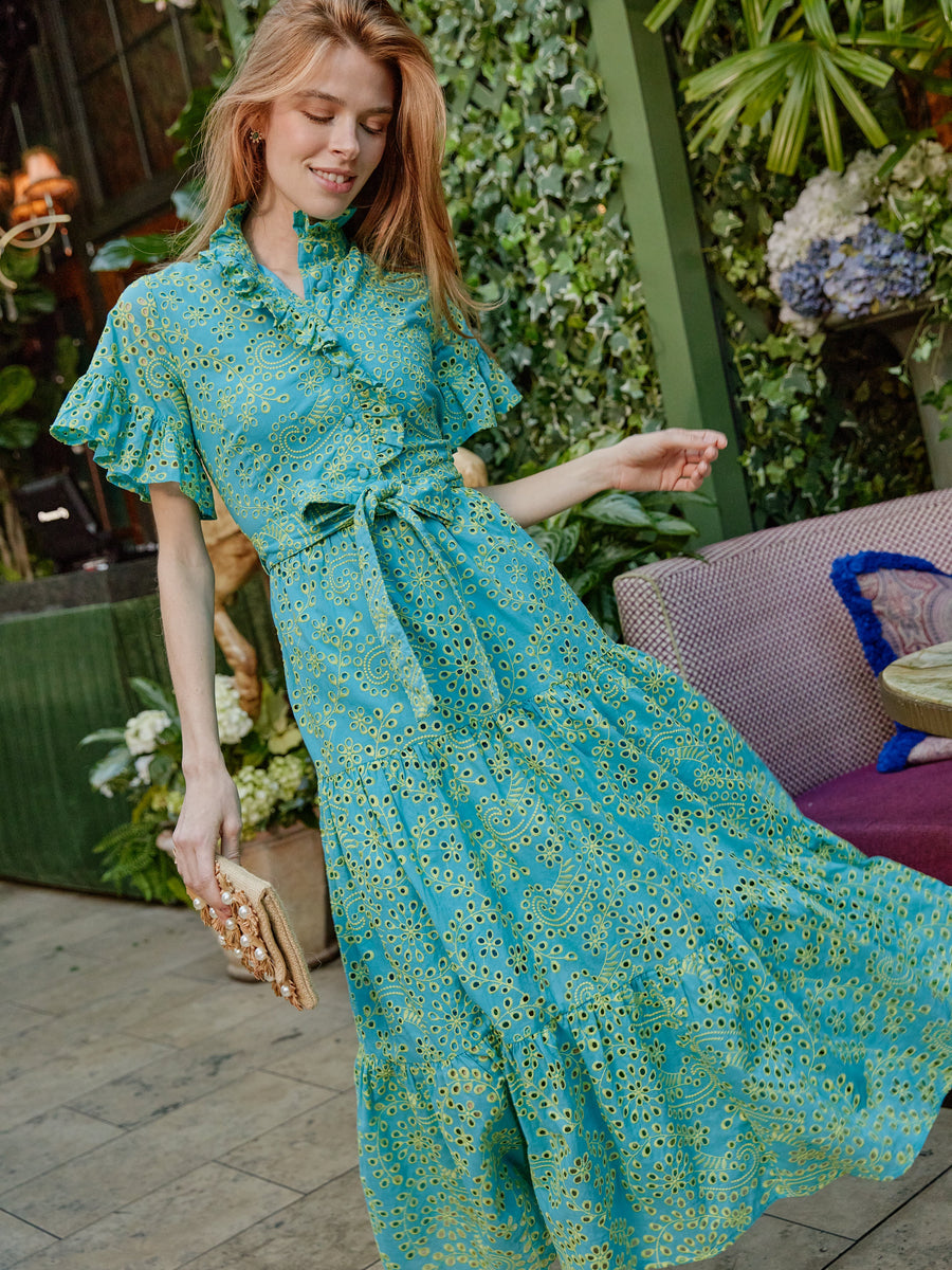 Sadie Maxi Dress Teal and Chartreuse Jasmine Eyelet