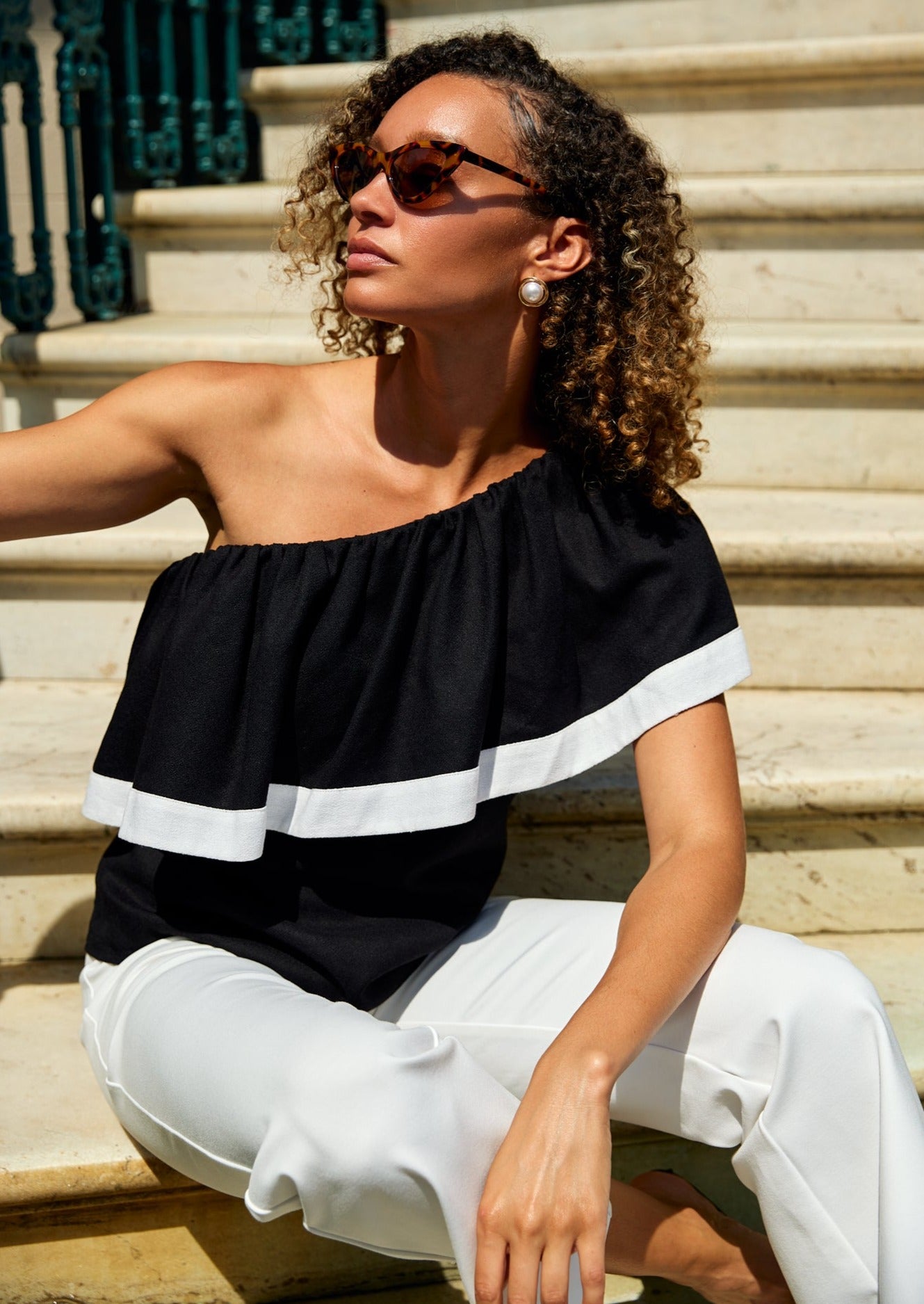 Clementine One Shoulder Top Black and White Linen