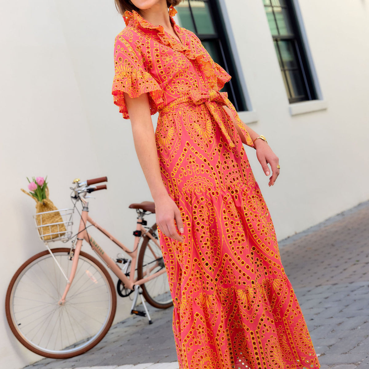 Sadie Maxi Dress Coral and Yellow Eyelet Coral / L