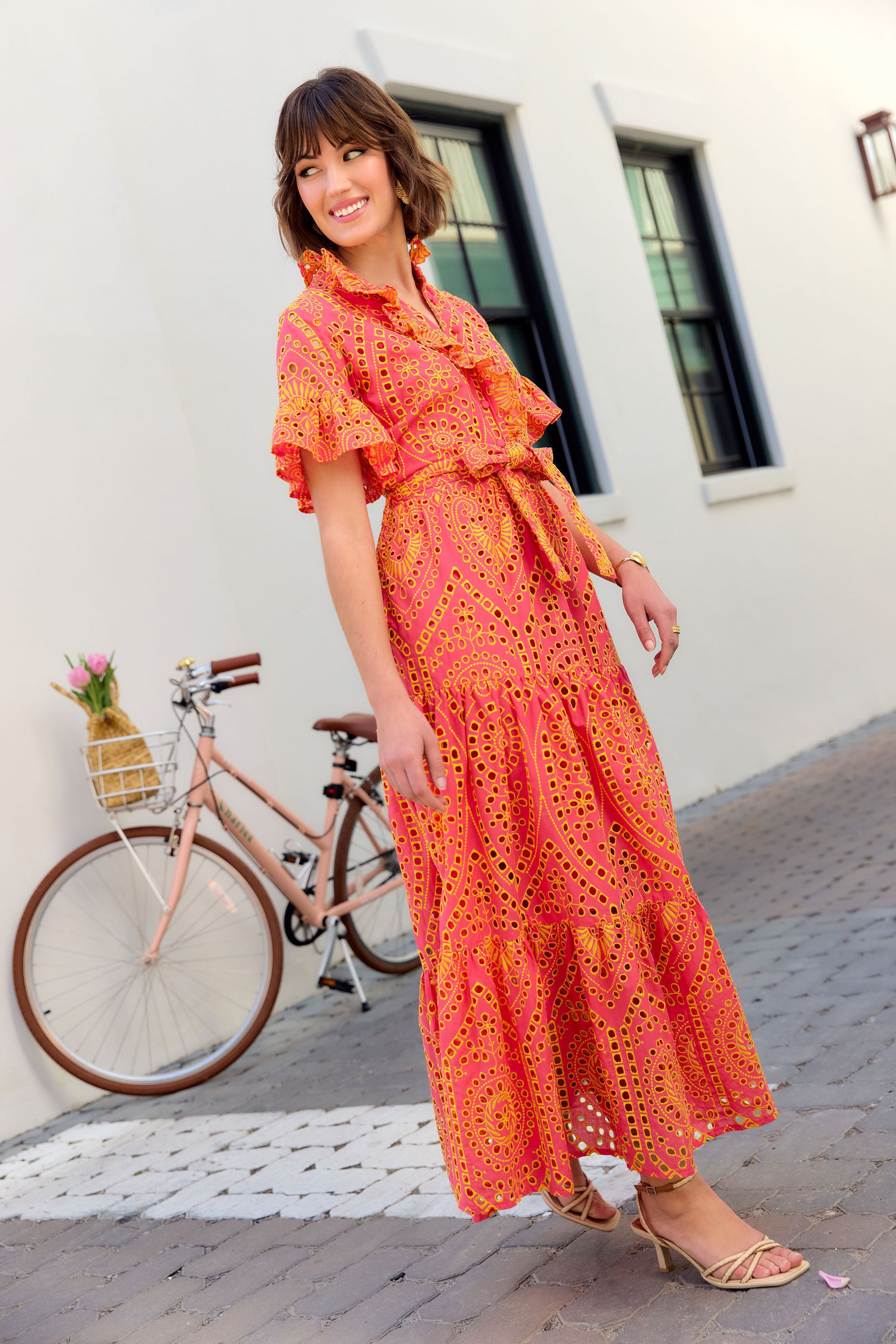 Sadie Maxi Dress Coral and Yellow Eyelet