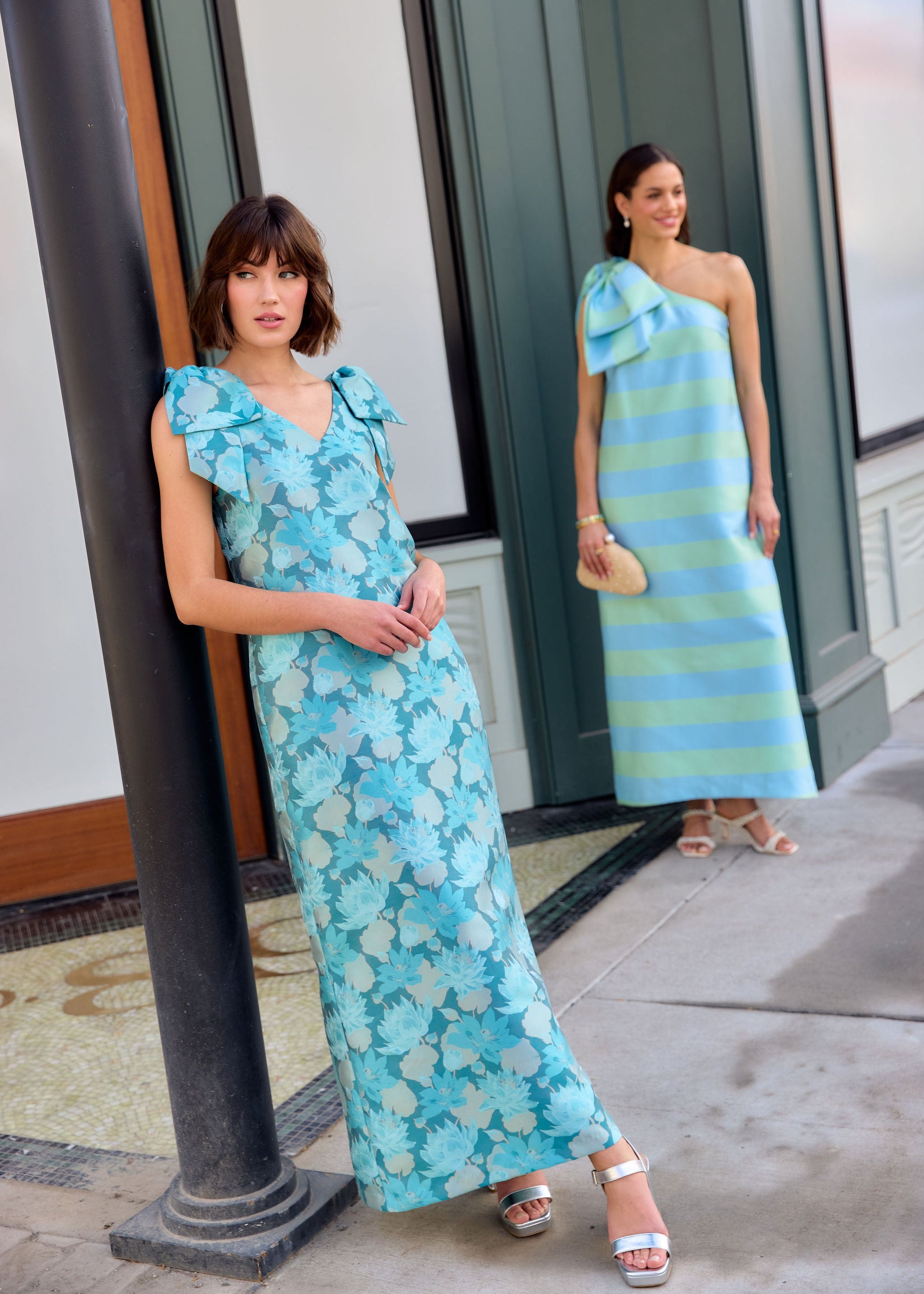 Meredith Gown Aqua Floral Silhouette Jacquard
