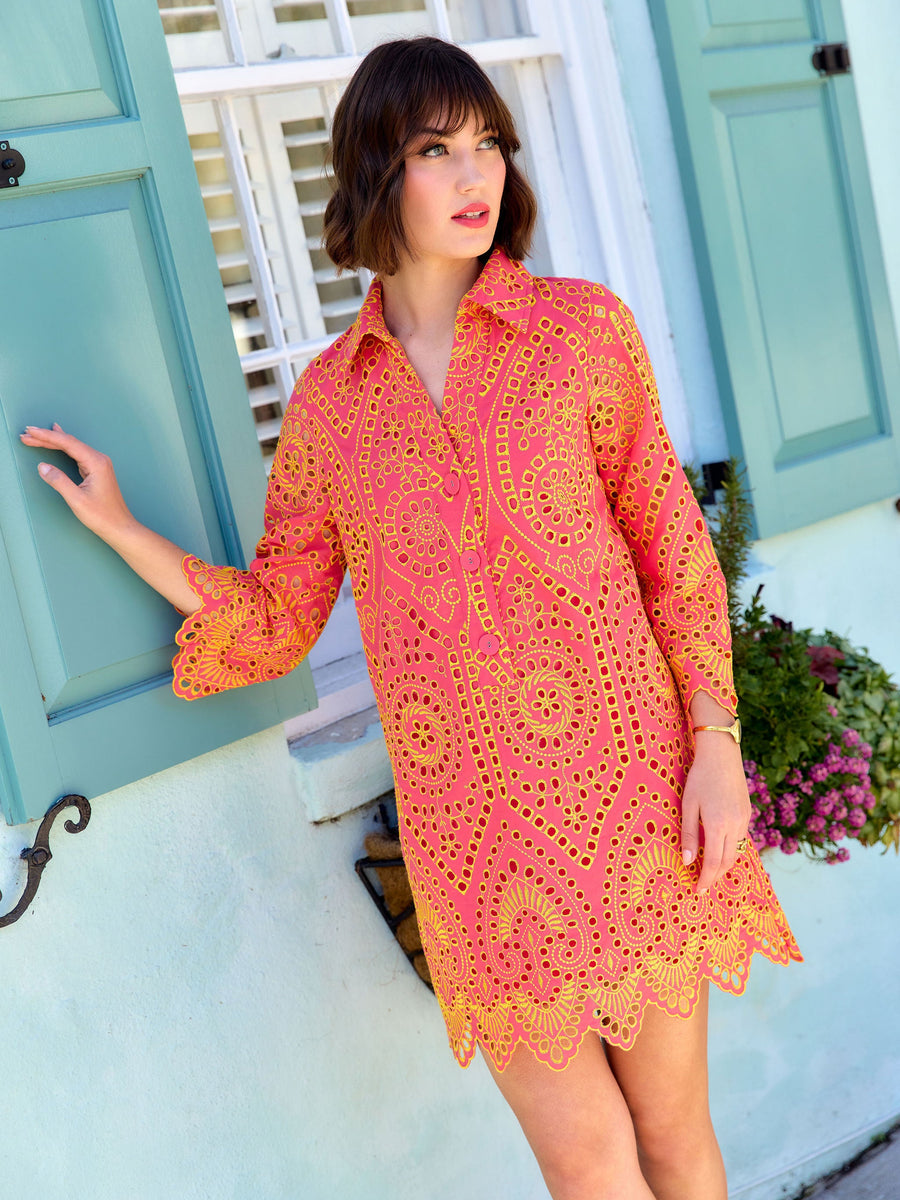 Piper Caftan Coral and Yellow Eyelet