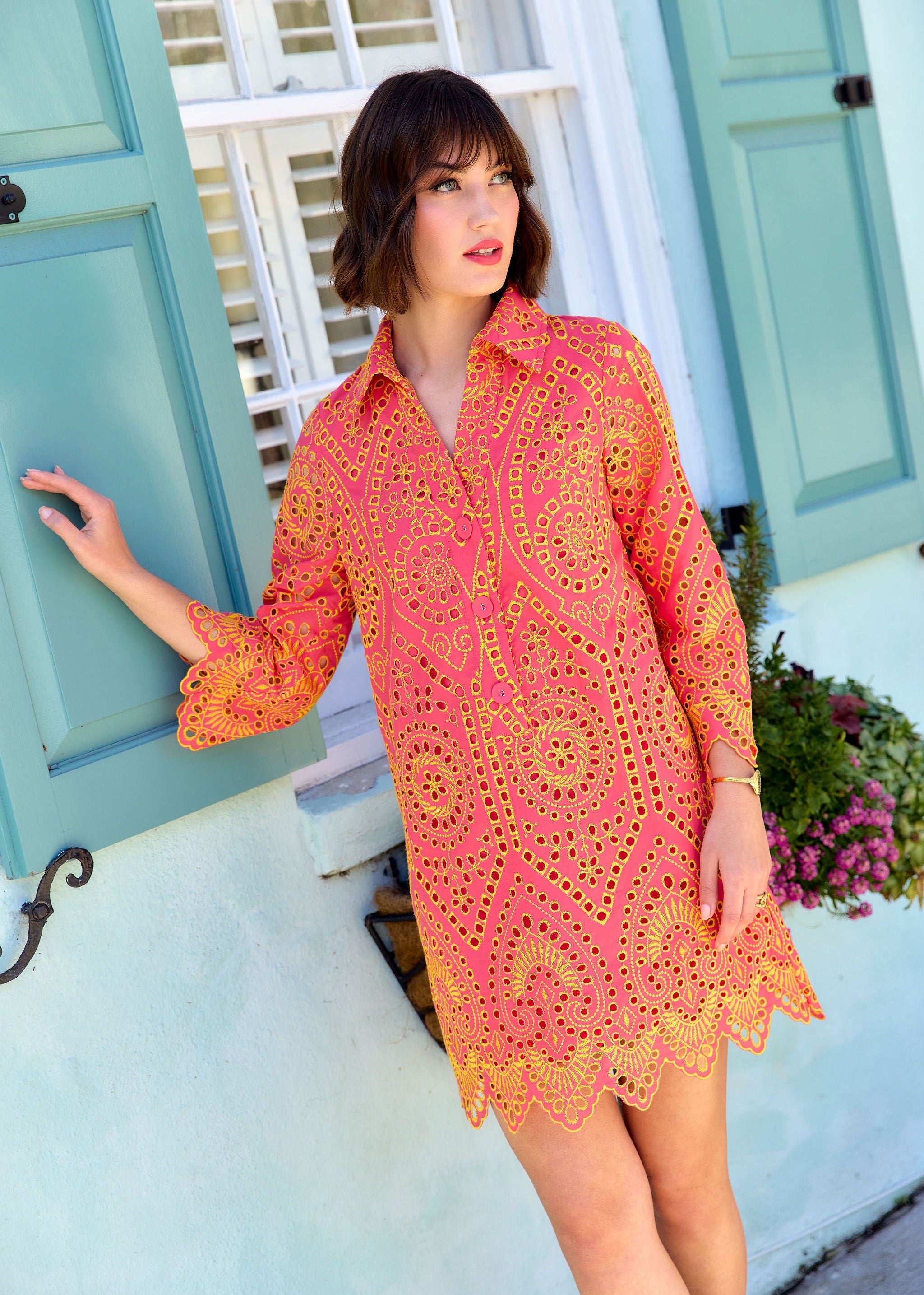 Piper Caftan Coral and Yellow Eyelet