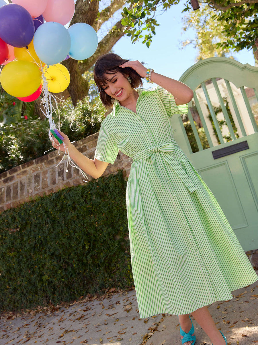 Cecilia Midi Dress Short Sleeve Green Stripe Seersucker