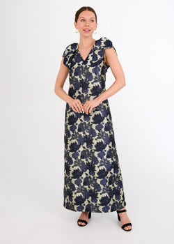 Meredith Gown Ivory and Navy Floral Silhouette Jacquard