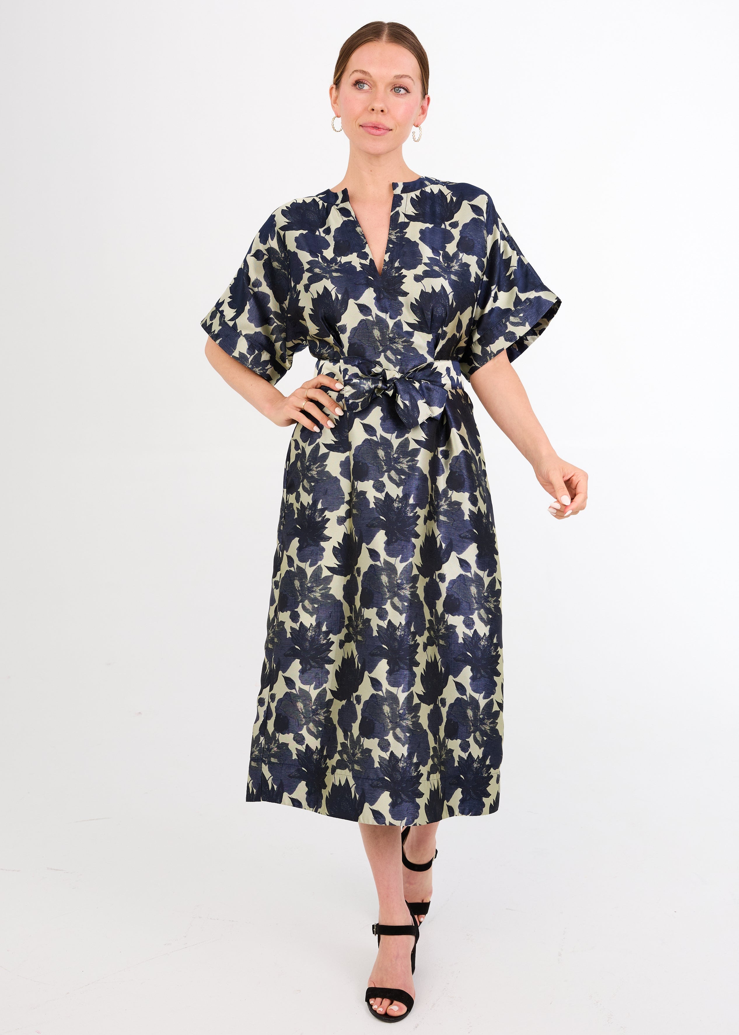 Evelyn Dress Ivory and Navy Floral Silhouette Jacquard