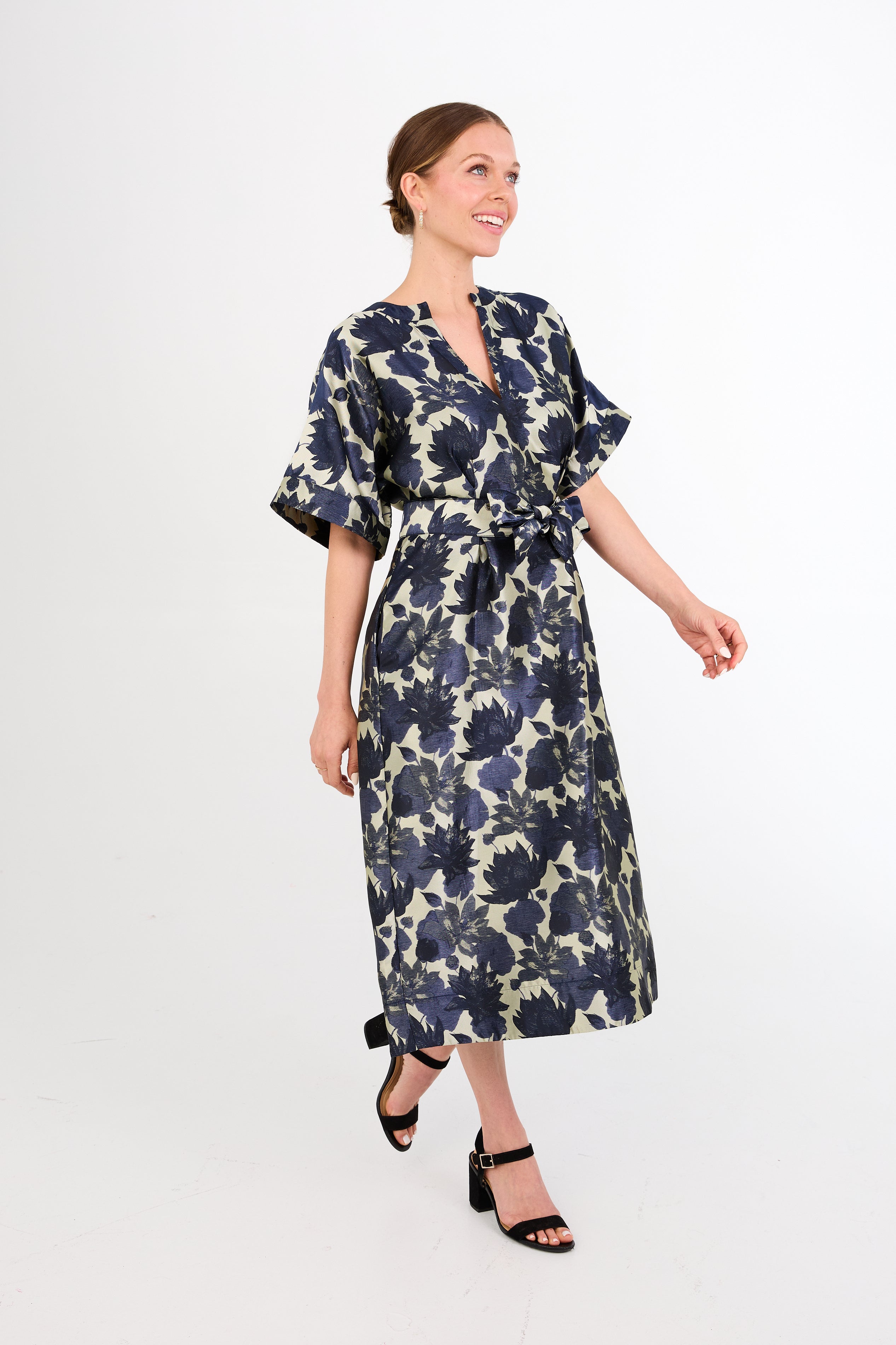 Evelyn Dress Ivory and Navy Floral Silhouette Jacquard