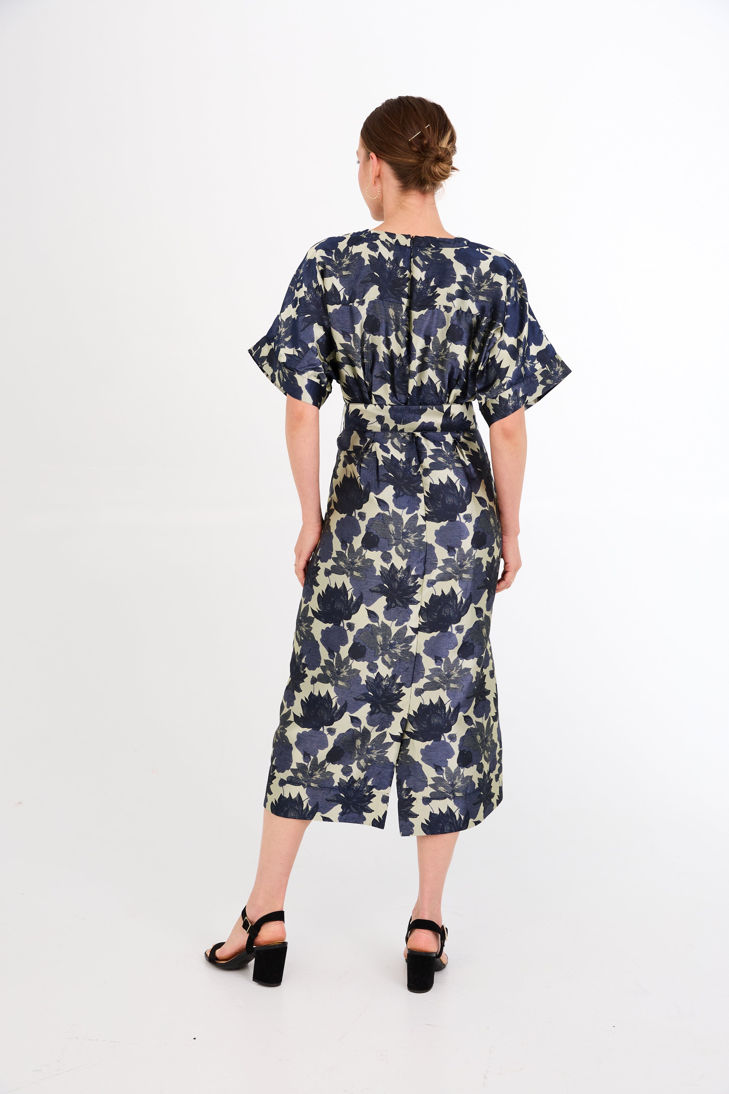 Evelyn Dress Ivory and Navy Floral Silhouette Jacquard