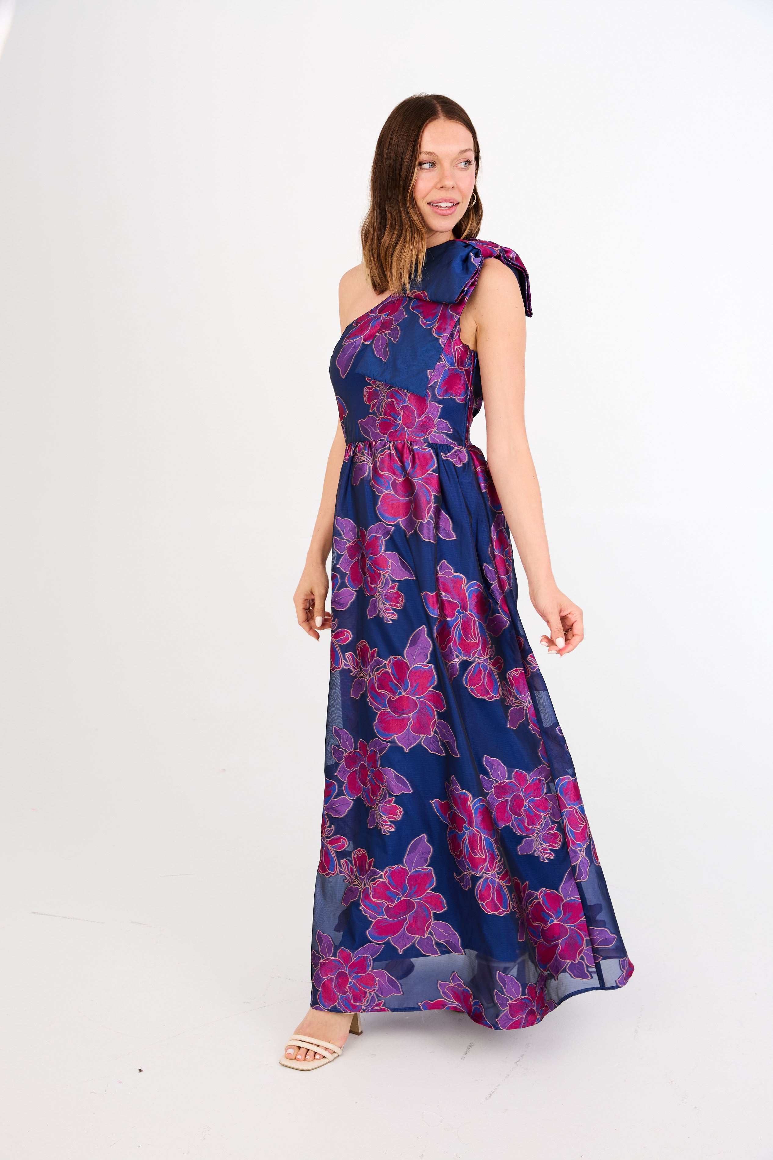 Caroline Gown Fuchsia Navy Peony Organza
