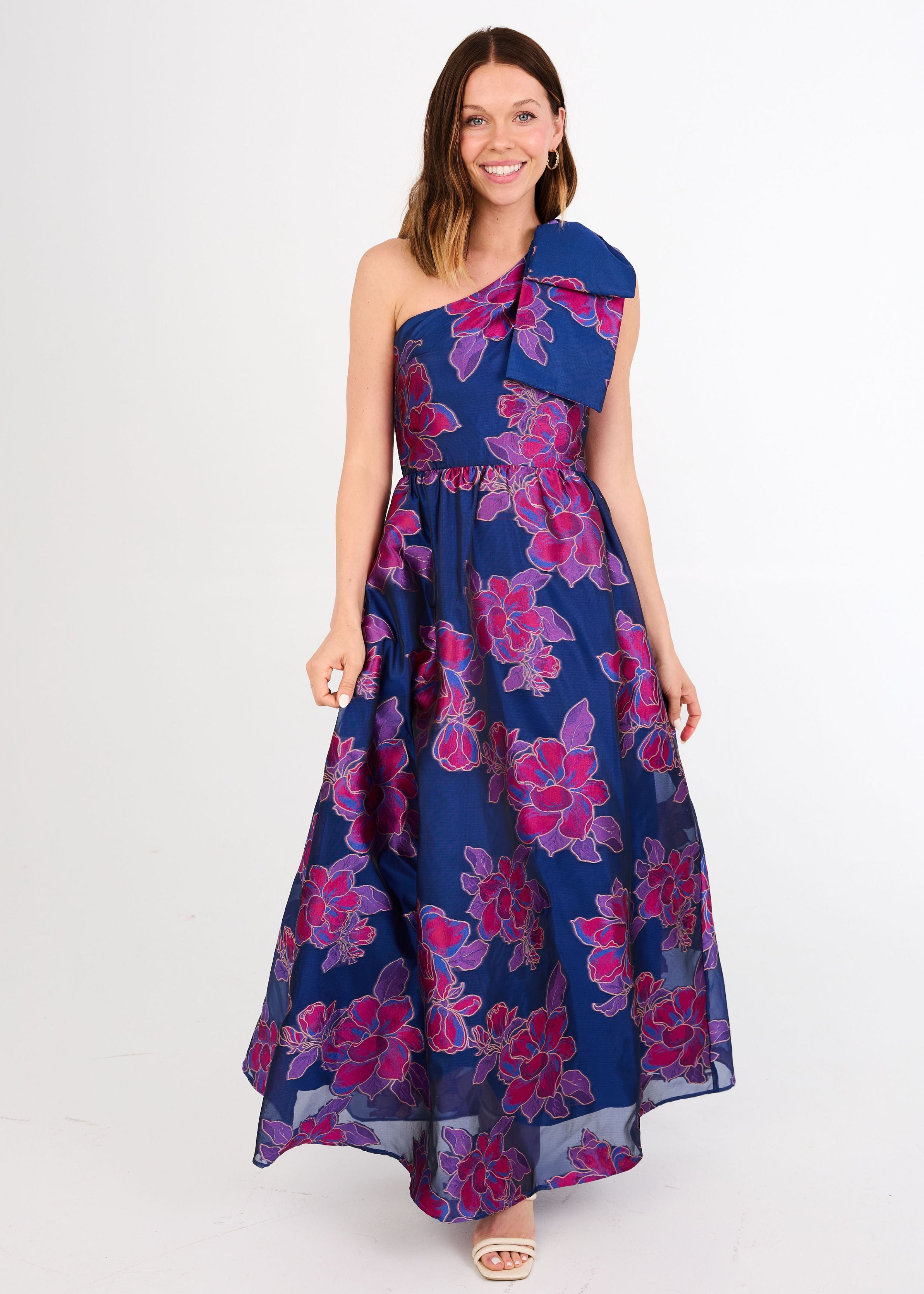 Caroline Gown Fuchsia Navy Peony Organza