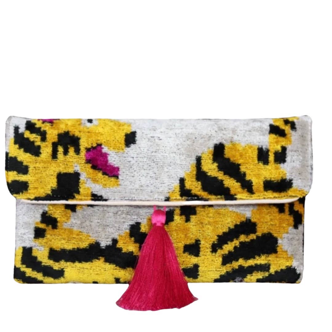 Yellow Tiger Silk Velvet Ikat Clutch