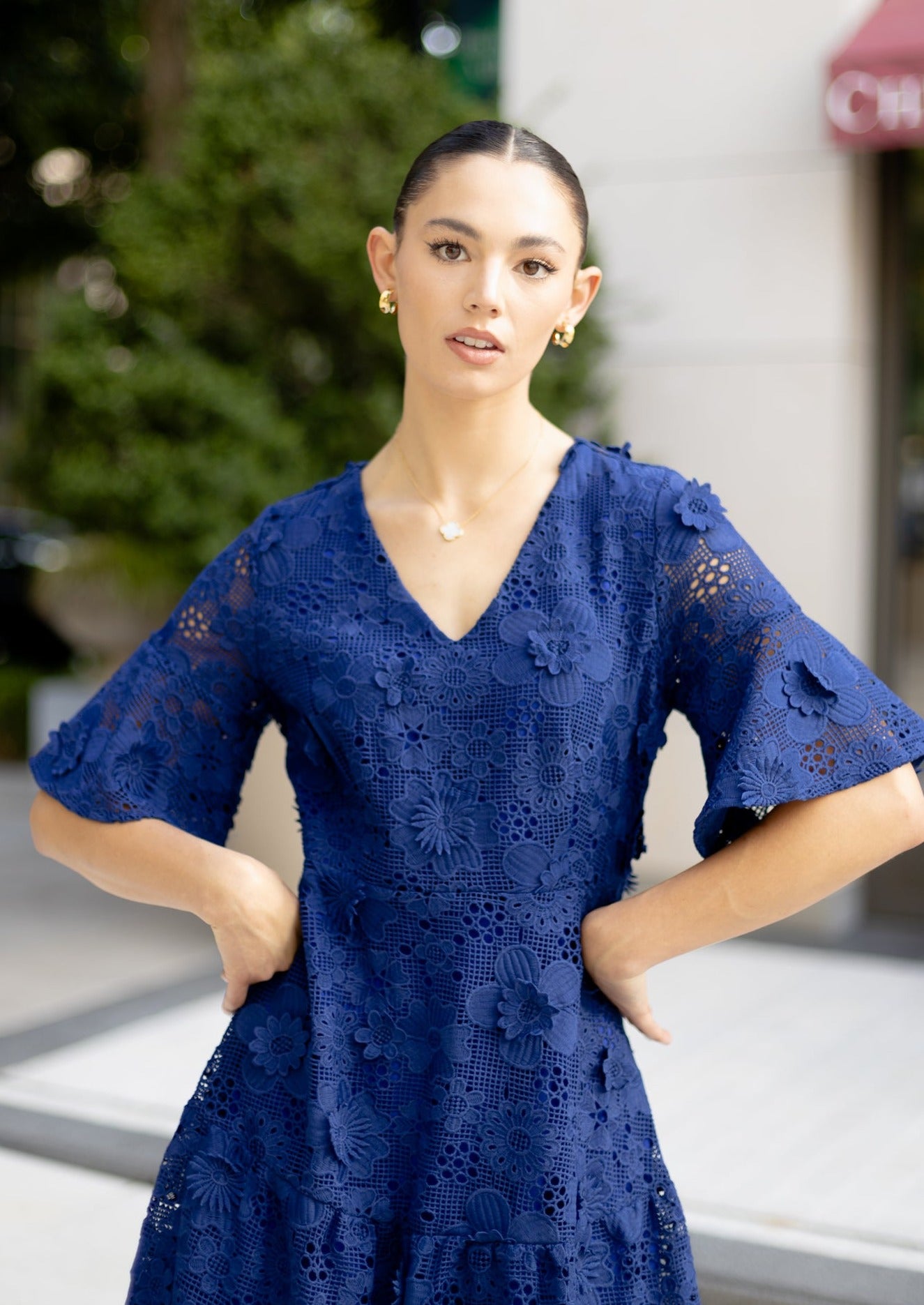 Claudine Dress Navy Metallic Rose Organza