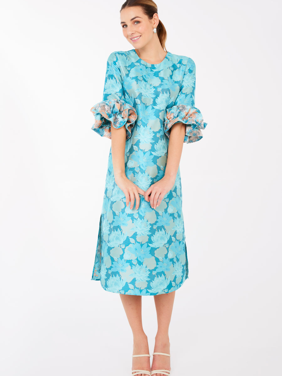 Bronwyn Dress Aqua Floral Silhouette Jacquard