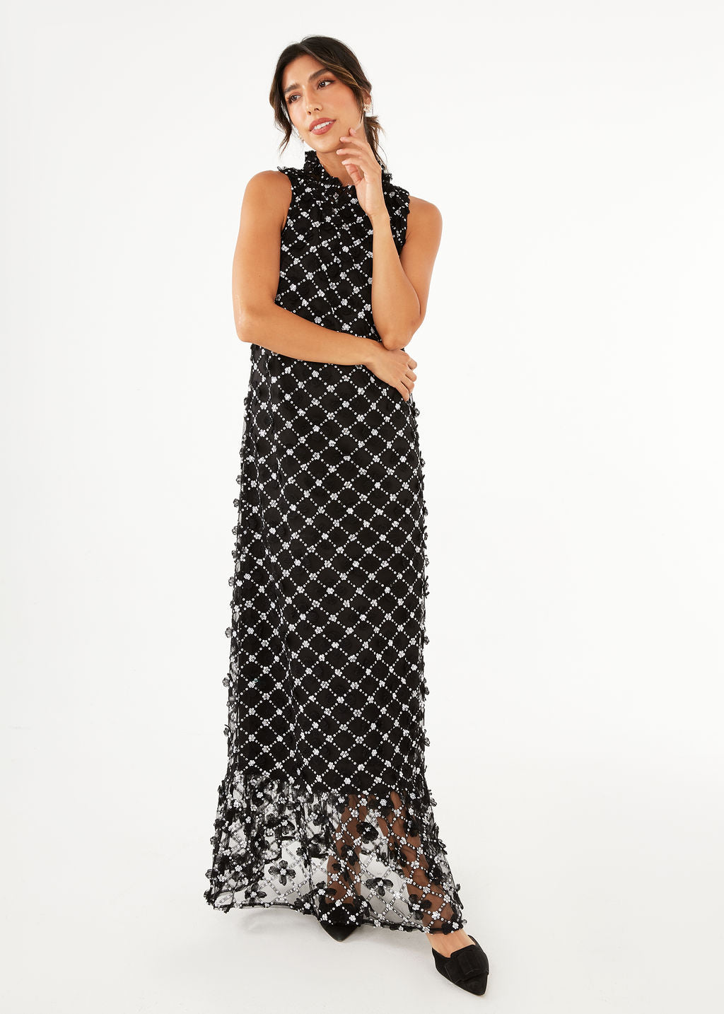 Camille Gown Black Sequin Lattice Lace