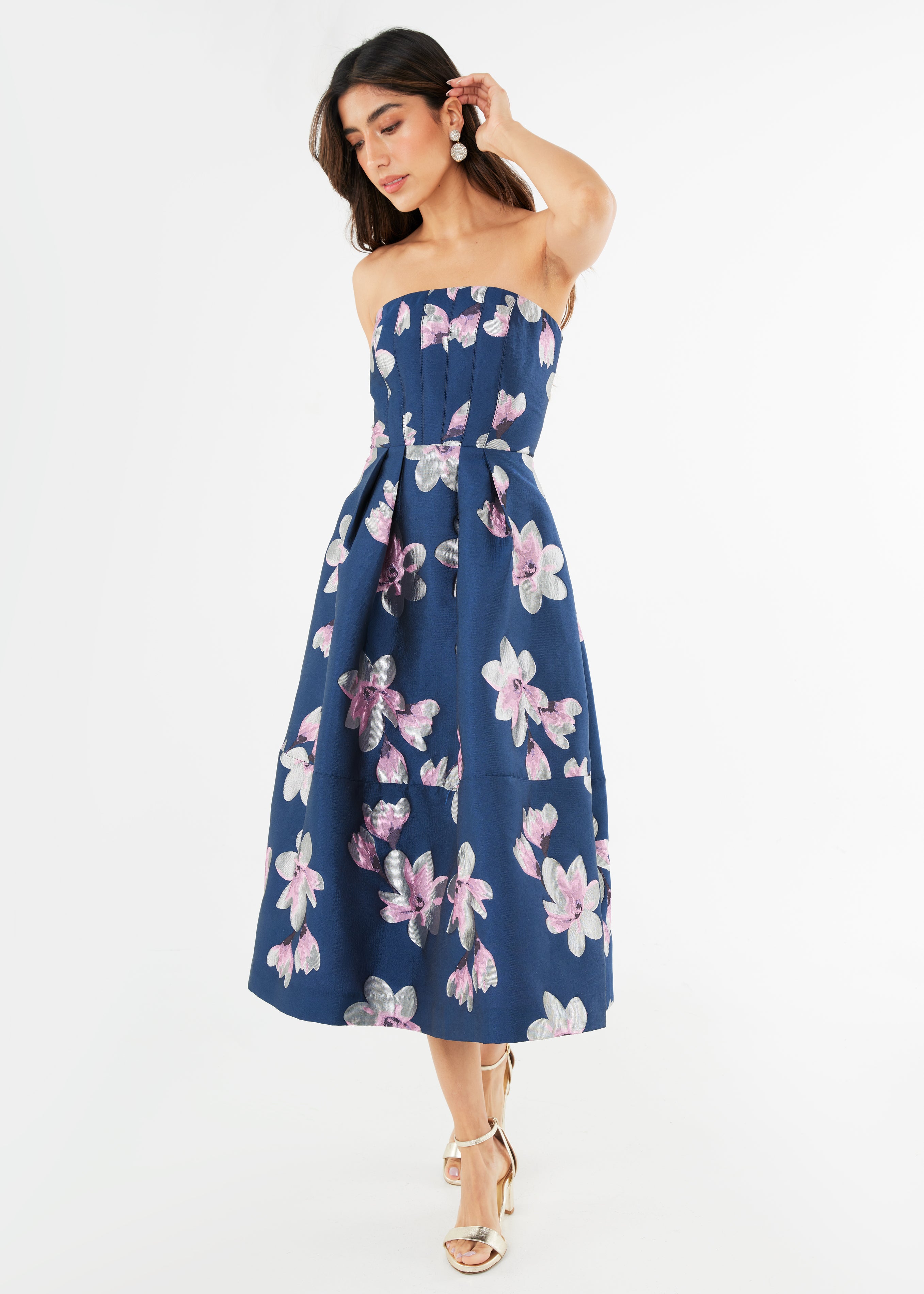 Catherine Dress Blue Plumeria Jacquard