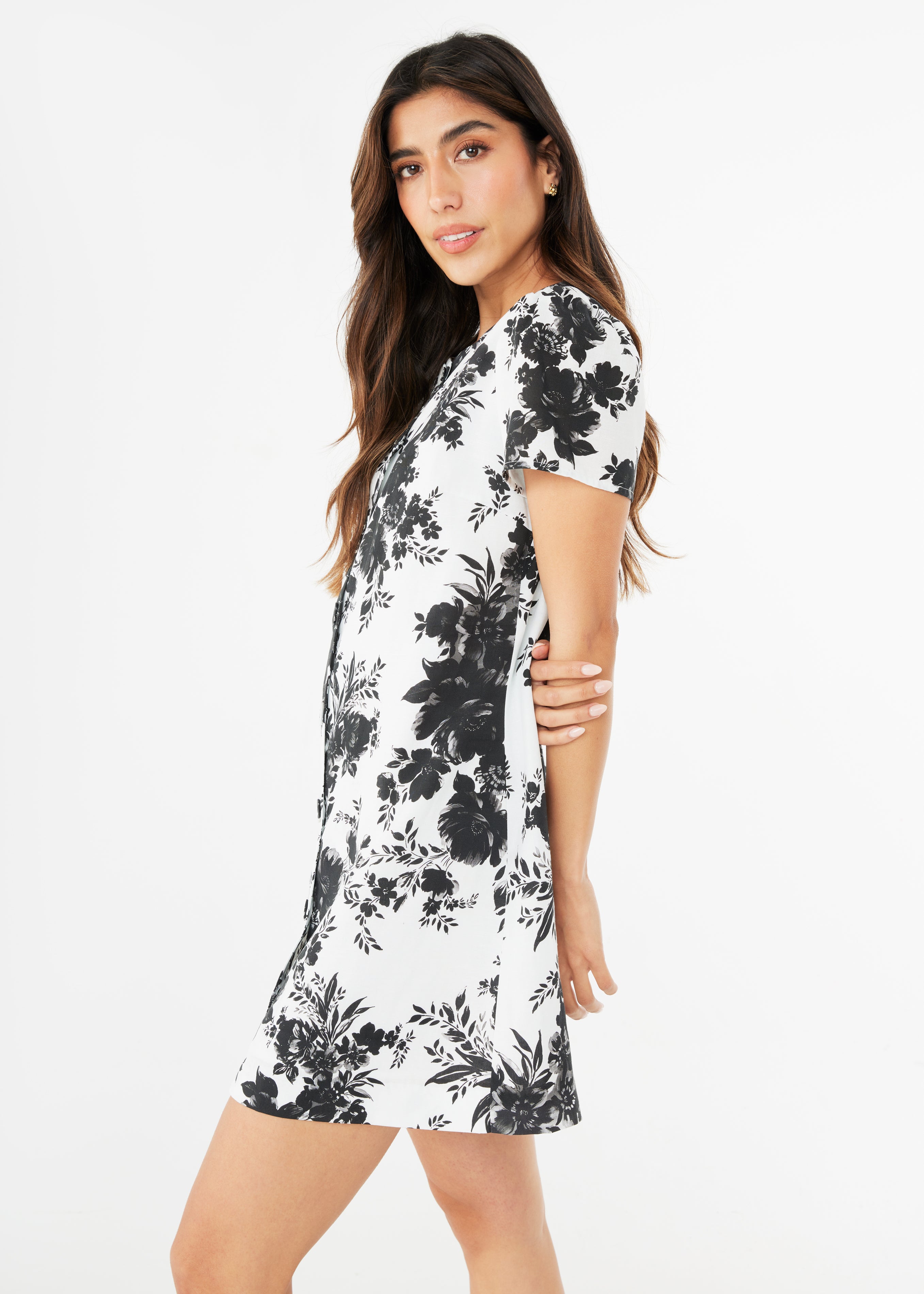 Ellen Dress Black and White Rose Chintz Linen