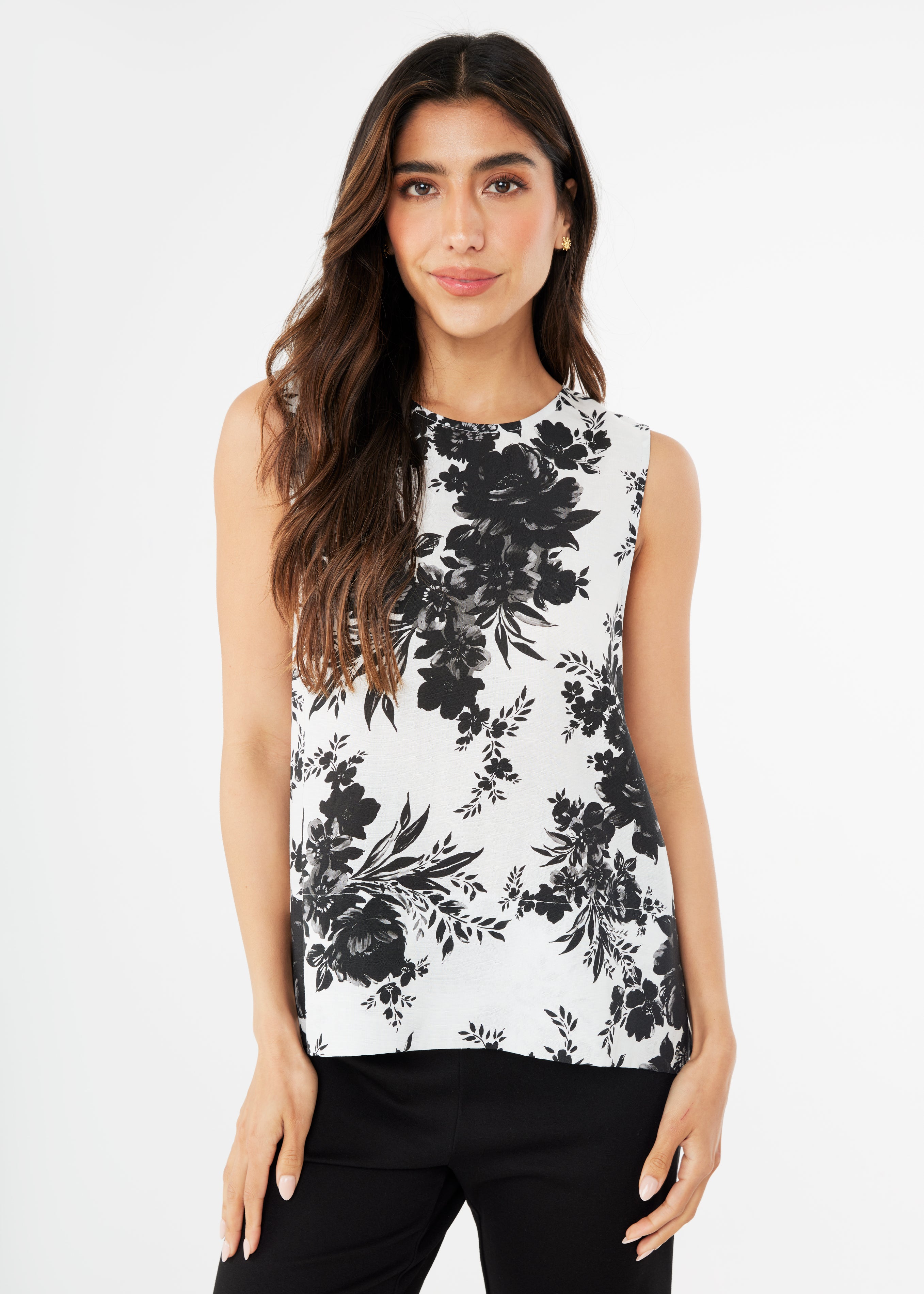 Zoe Top Black and White Rose Chintz Linen