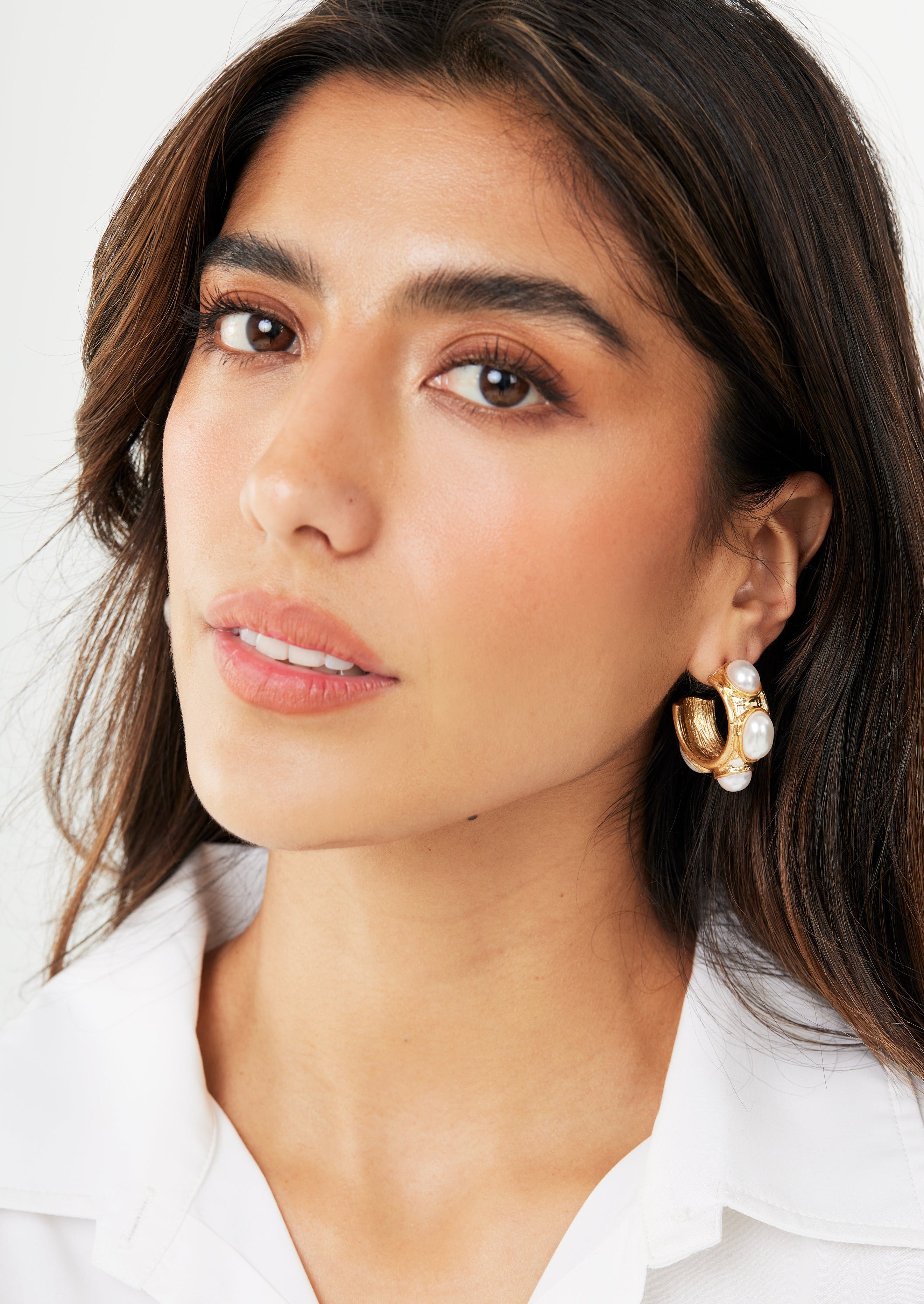 Studded Pearl & Textured Metal Hoops