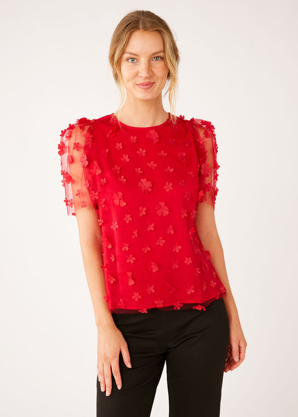 Marty Top Red Floral Applique Tulle