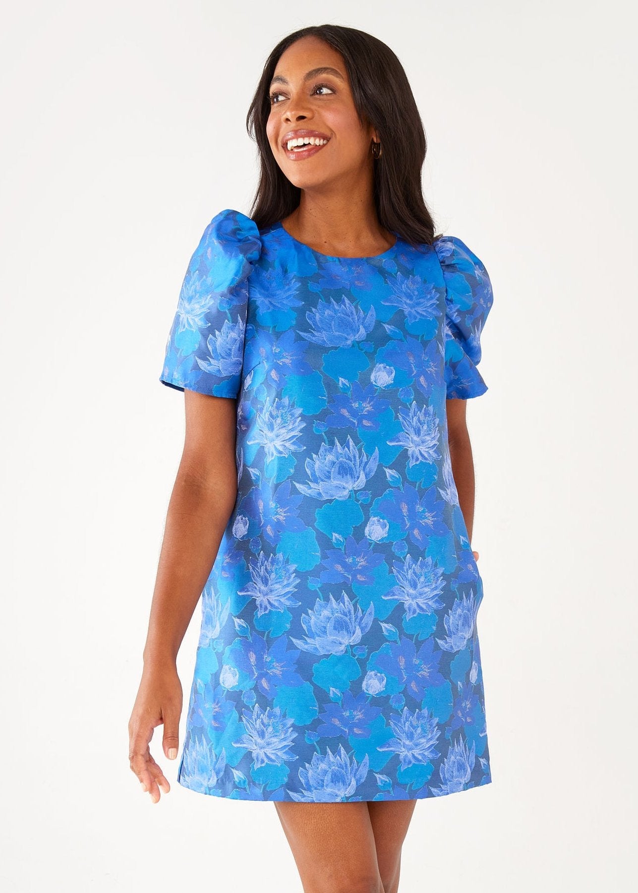 Marty Dress Blue Floral Silhouette Jacquard