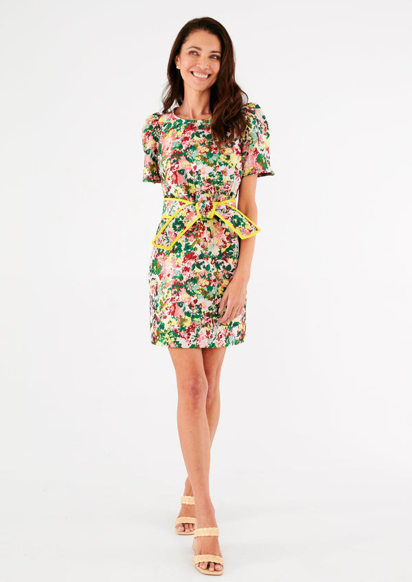 Marty Dress Red Multi Abstract Floral Jacquard