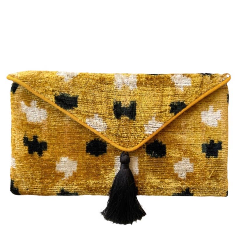 Marigold Dot Silk Velvet Ikat Clutch