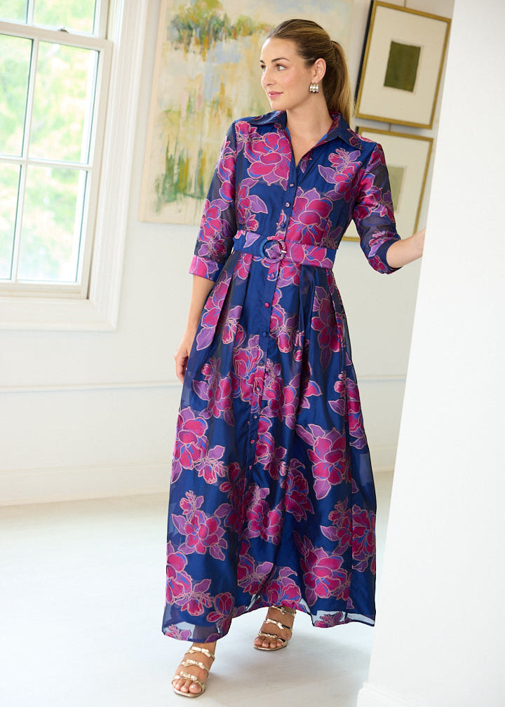 Cecilia Gown Fuchsia Navy Peony Organza