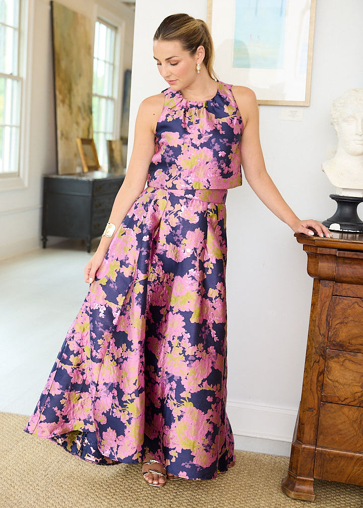 Olivia Skirt Navy Abstract Brocade