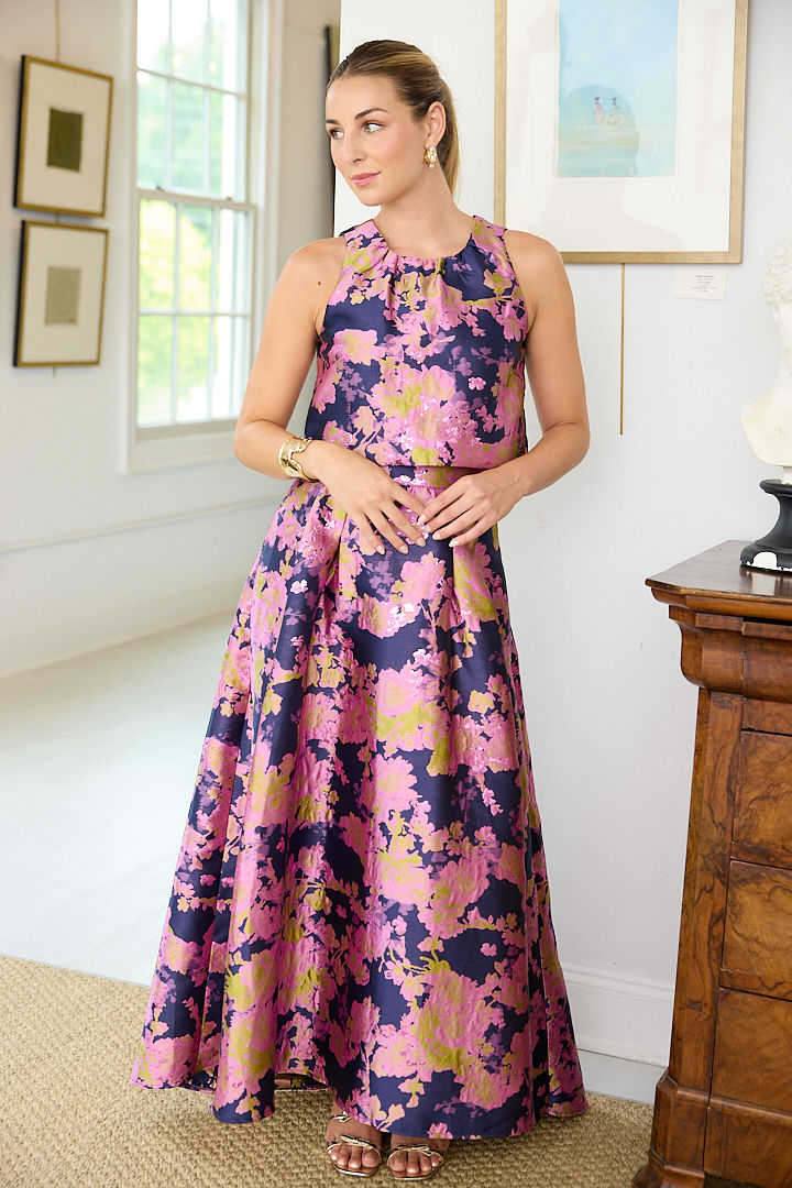 Ava Top Navy Abstract Brocade