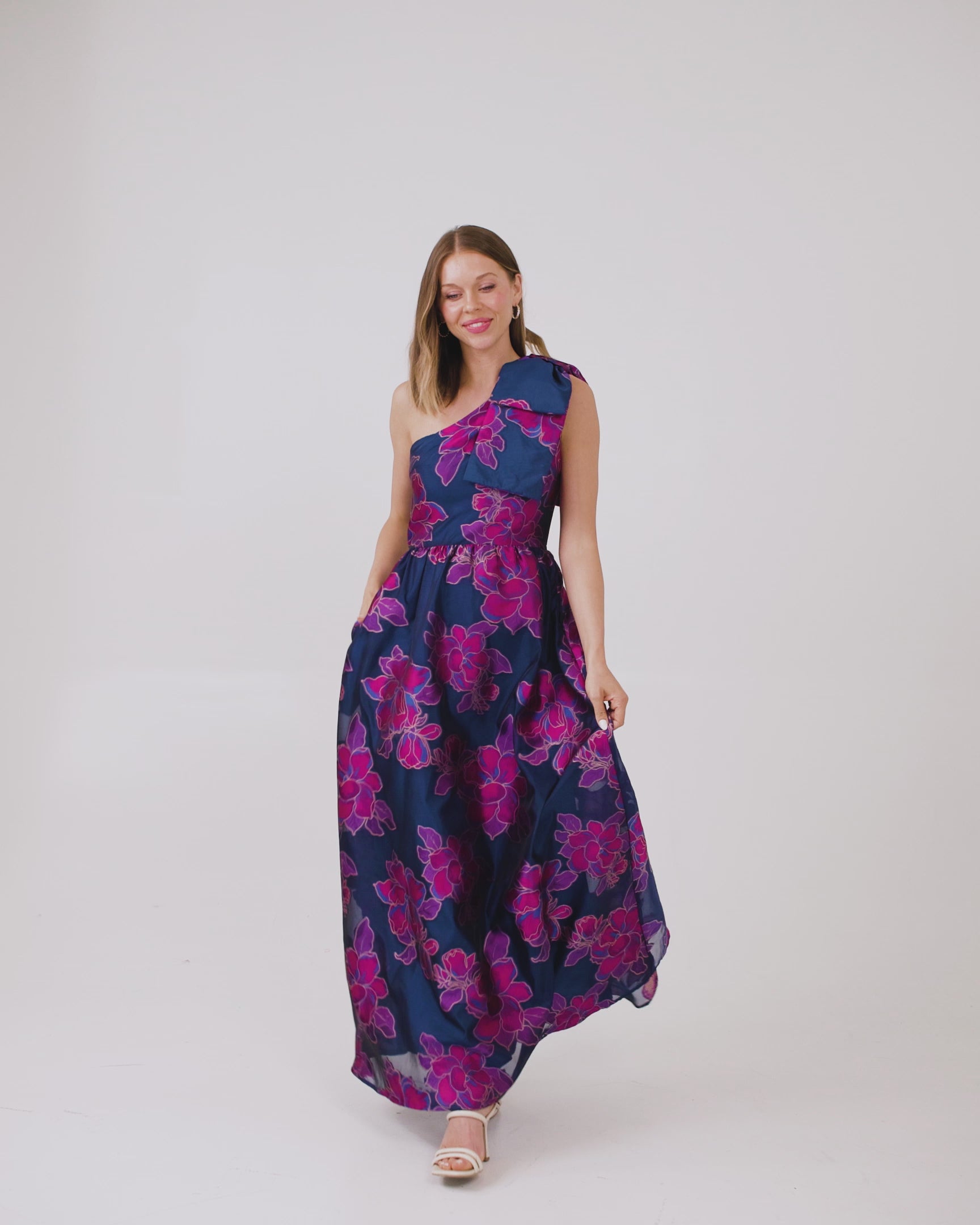 Caroline Gown Fuchsia Navy Peony Organza
