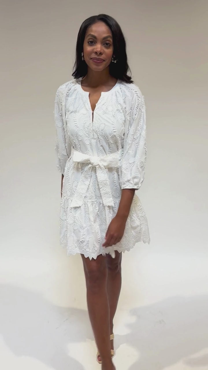 Elise Mini Dress White 3D Paisley Cotton