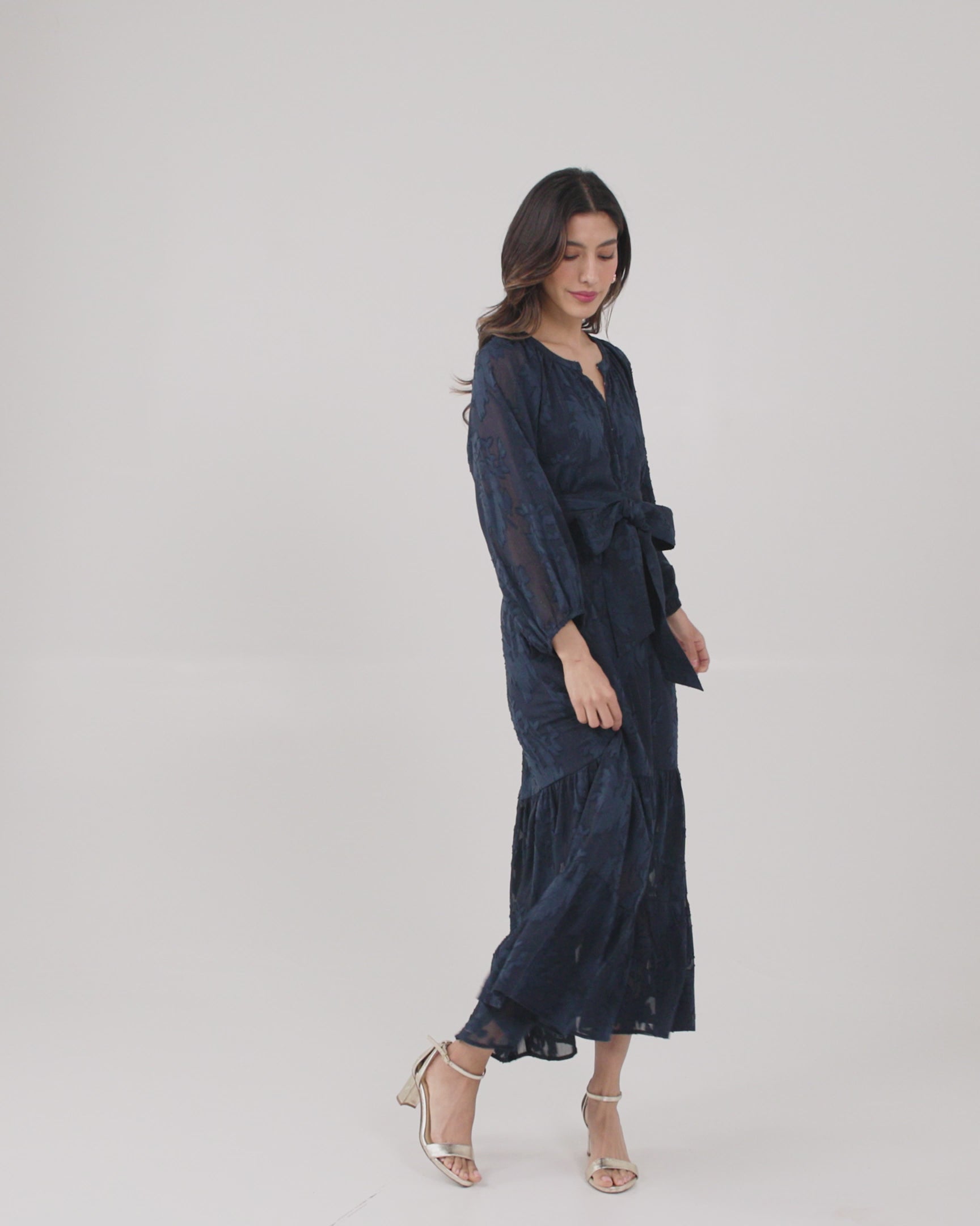 柿乃葉　Ex BIDDU Silk Chiffon Blue M Elise Dress Navy Burnout Chiffon