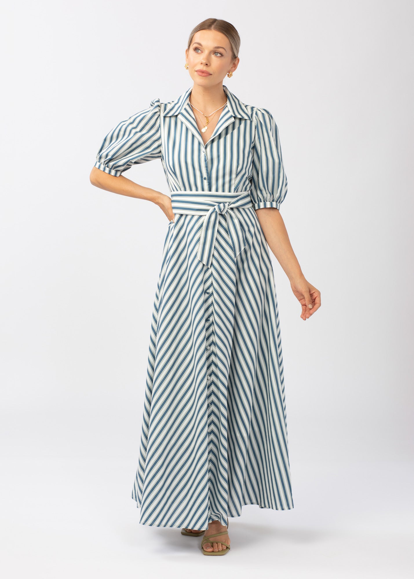 Charlotte Collared Gown Vineyard Stripe