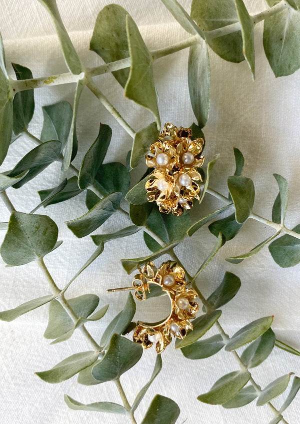 Flower Pearl Hoops - Gold